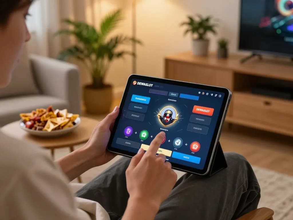 Dewaslot interface displayed on a tablet during an online gaming session in a cozy home atmosphere.