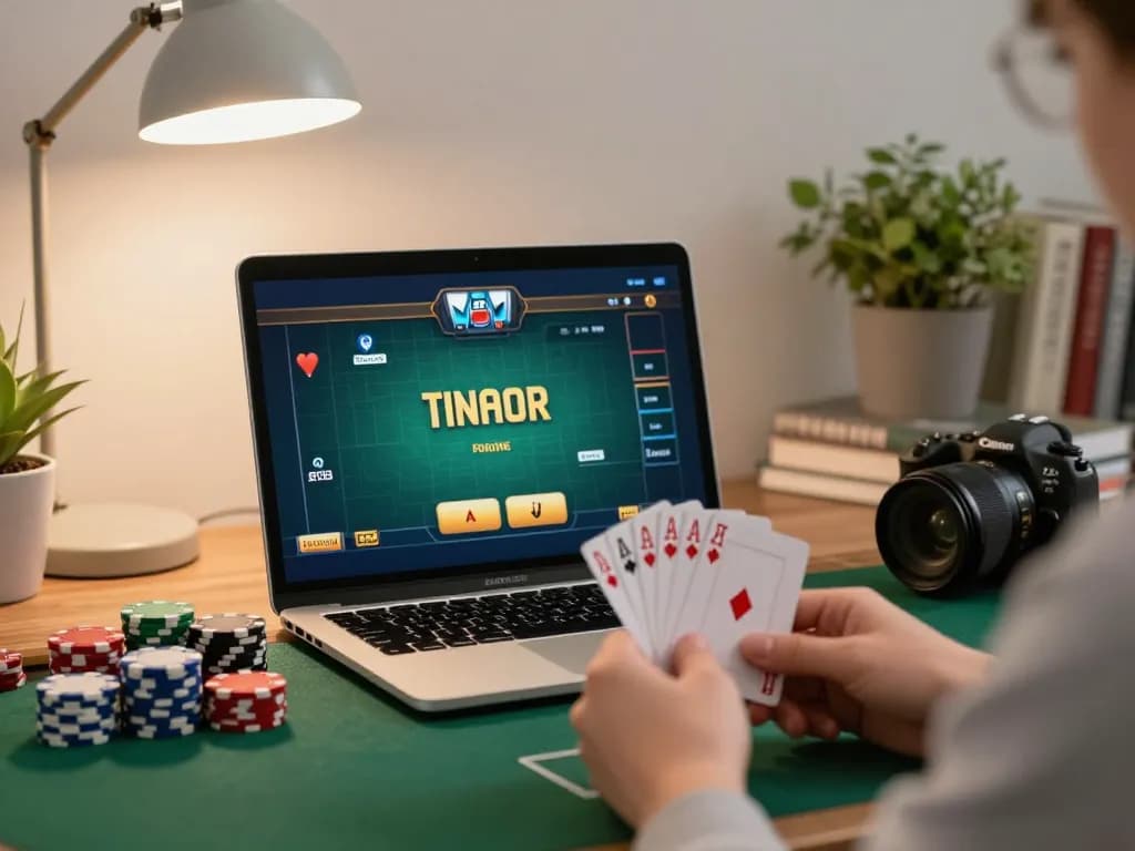 Player winning with strategy at LU88 poker game on laptop, cozy home office setting.