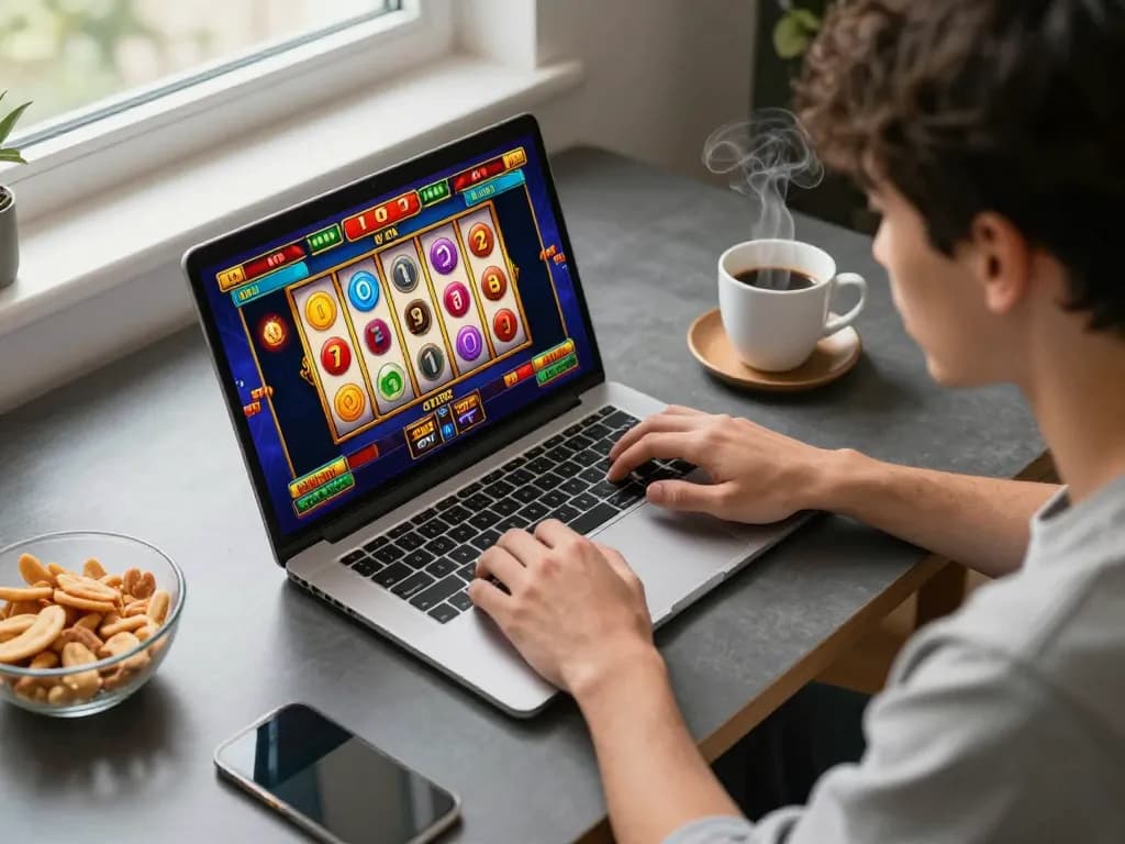 Engaging in a situs slot gacor game session on a laptop at home with vibrant visuals and focused player.