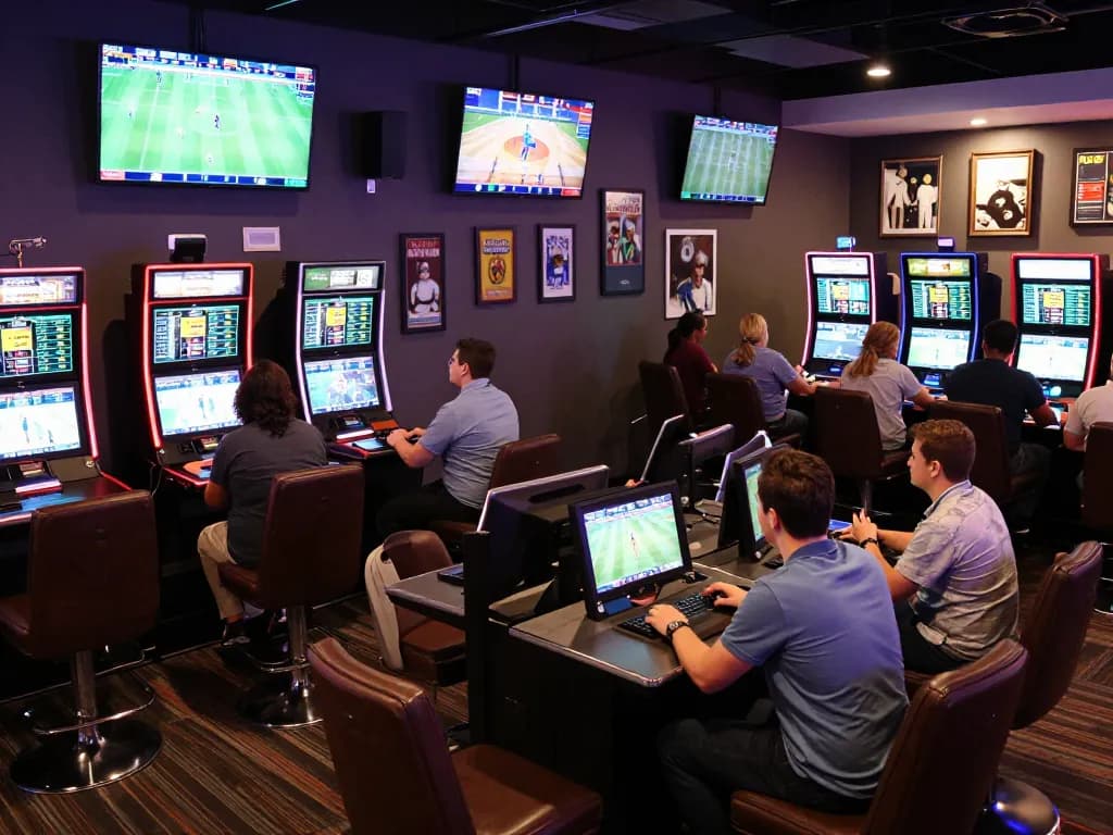 Penjudi yang terlibat menganalisis skor langsung dan odds di lounge taruhan olahraga SPBO yang ramai