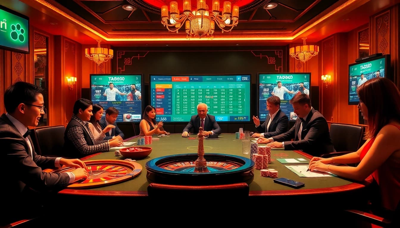 Join the excitement of ta88 bóng đá as players engage in online sports betting at a luxurious casino.