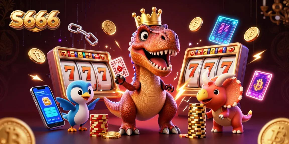 S666 Casino Illustration: Friendly T-Rex and friends betting with cards and chips in vibrant colors.