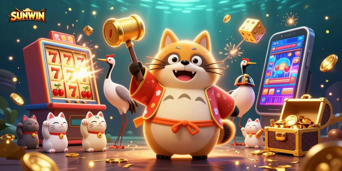 SUNWIN jackpot celebration with a cheerful tanuki and colorful maneki-neko surrounded by slot machine elements