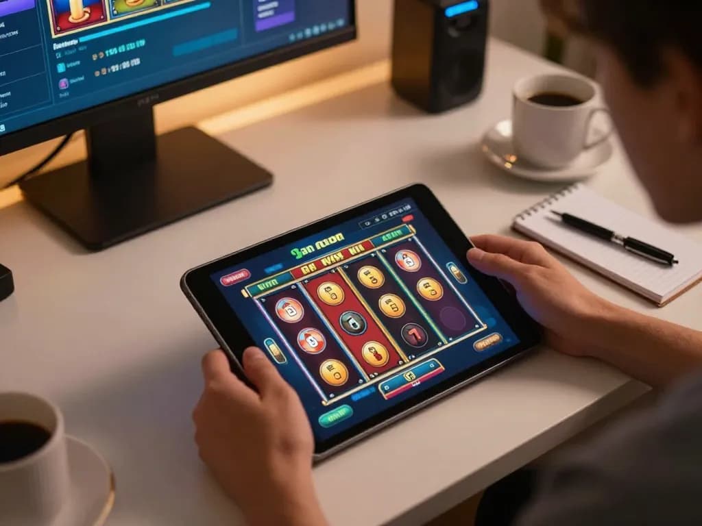 Player enjoying slot gacor game on a tablet, celebrating a winning moment in a cozy home setting