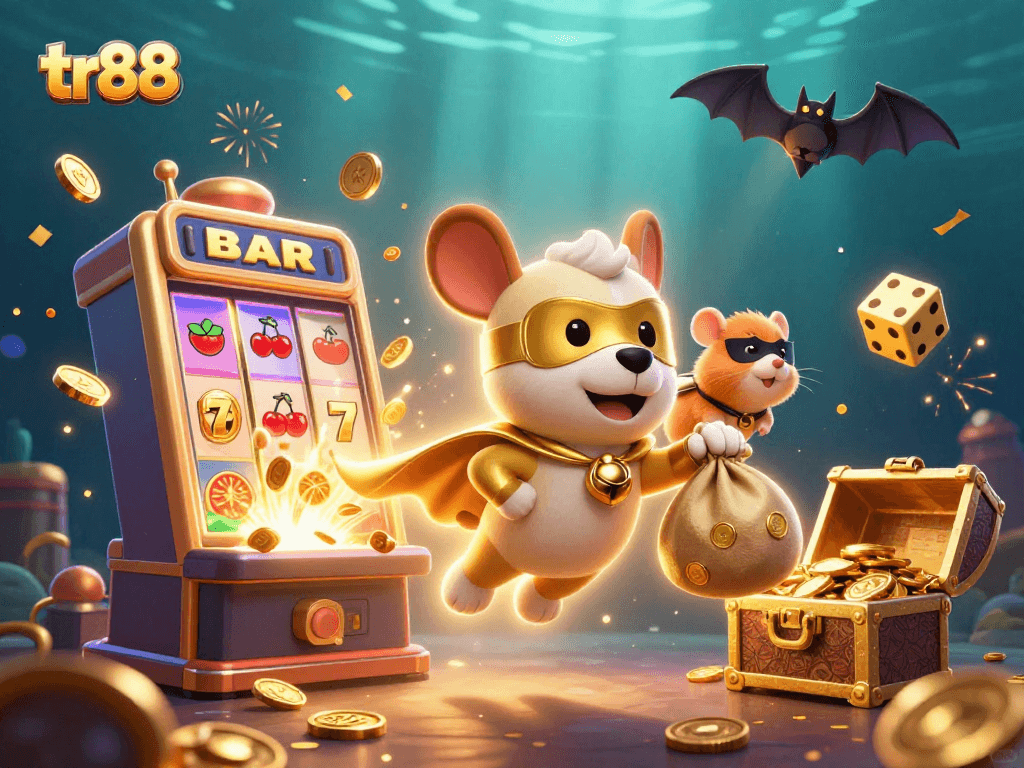 Experience tr88 thrills with a superhero dog flying over a jackpot slot machine explosion, winning big!