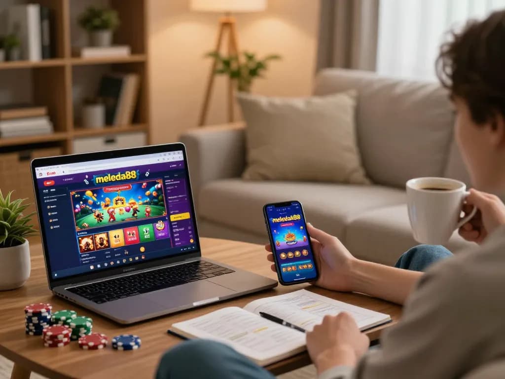Pemain berinteraksi dengan platform meledak88 di laptop, menampilkan fitur permainan online dalam suasana yang nyaman