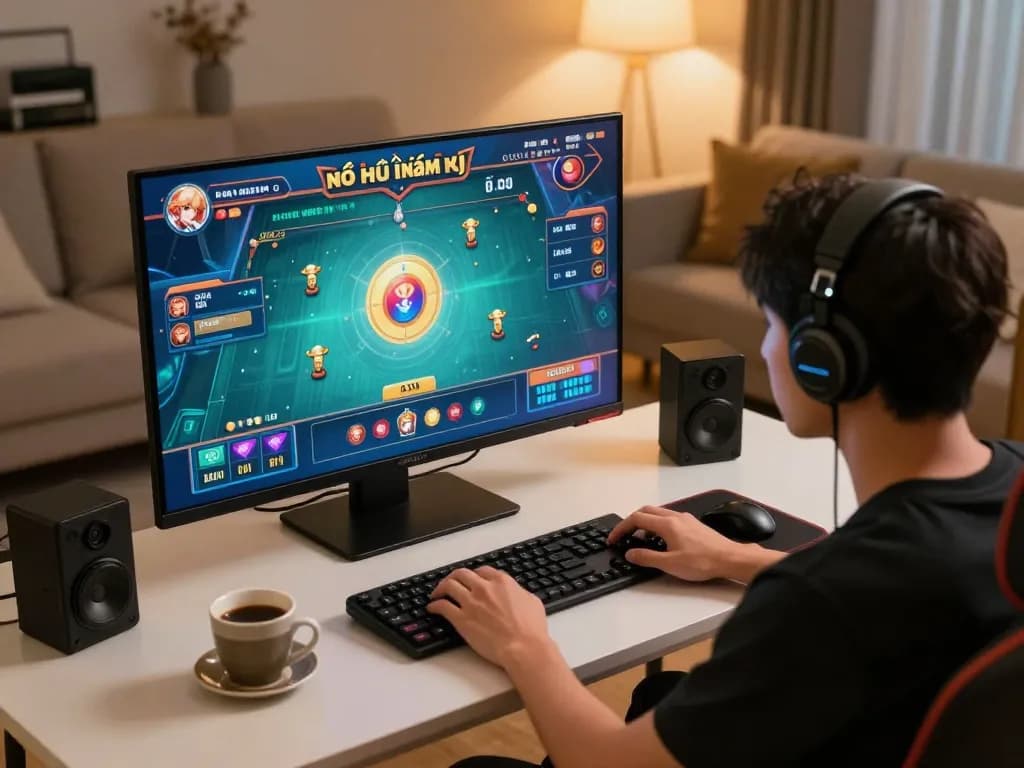 Engaged player enjoying nổ hũ đổi thưởng online, focused on game screen with cozy ambiance.