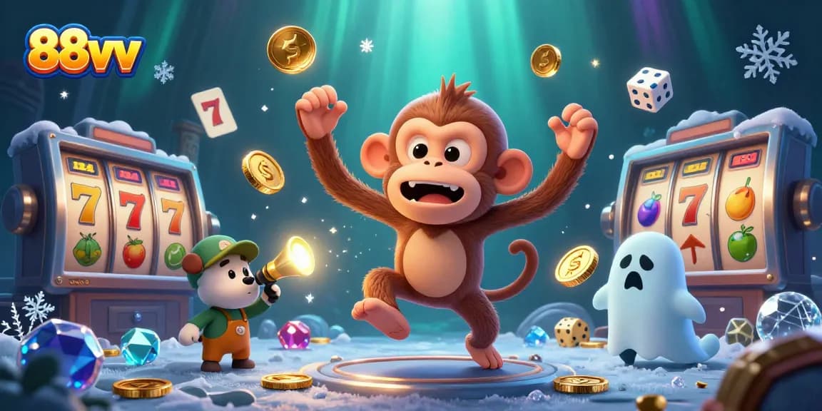 Engage in thrilling slot games with 88vv featuring playful characters in a casino.