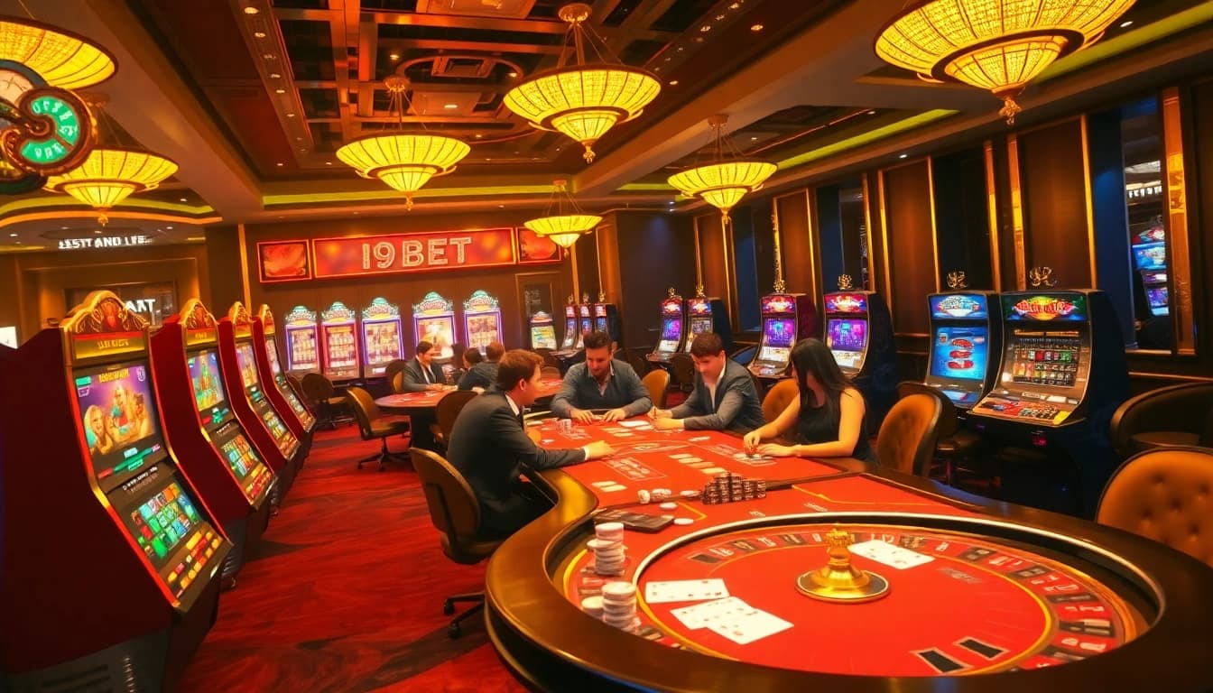Engage with I9BET’s thrilling casino experience featuring vibrant tables and slot machines.