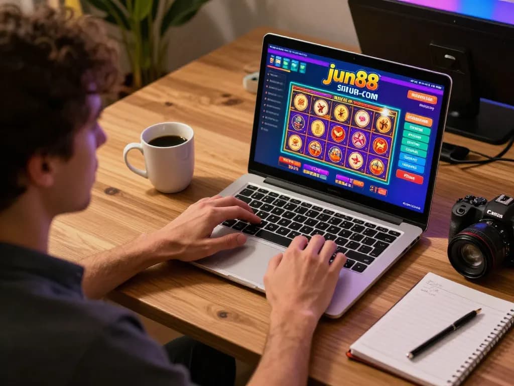 Engaged player enjoying the jun88 com online casino experience with a laptop, reflecting responsible gaming.
