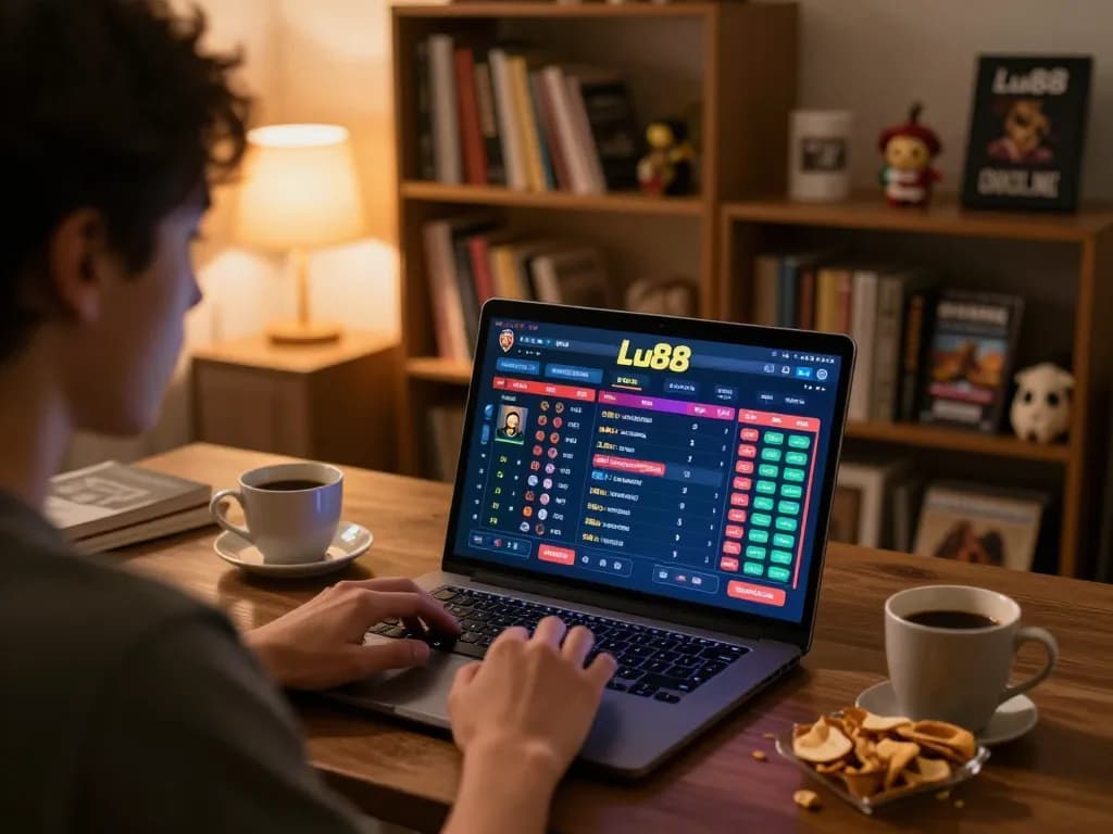 Lu88 player examining odds on laptop in a cozy home setting during sports betting