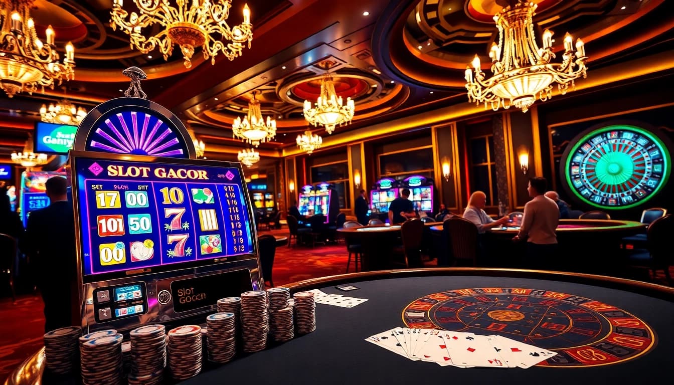 Experience thrilling wins at the slot gacor machine surrounded by poker chips and cards in a luxurious casino.