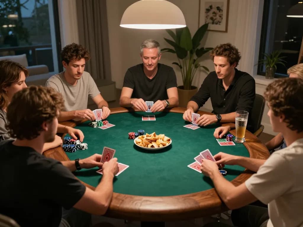 Players engage in a home poker night, showcasing strategic gameplay and camaraderie at 100cuci.