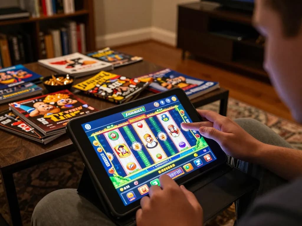 Player enjoying immersive Jogoluck online gaming experience with tablet, vibrant slot visuals