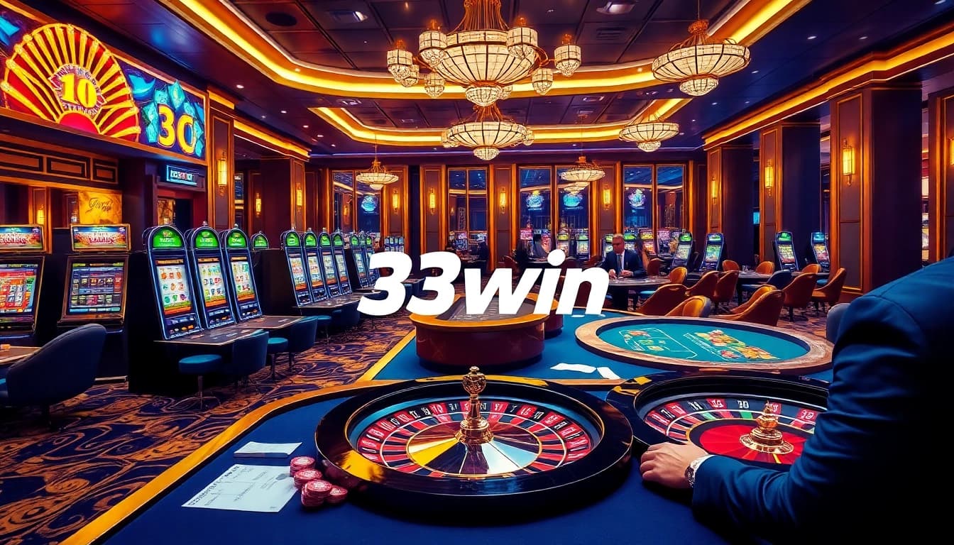 33win casino scene displaying vibrant slot machines and poker tables for an exciting gaming experience