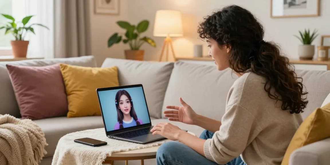 Engaging interaction with an AI girlfriend on a laptop in a cozy living room.