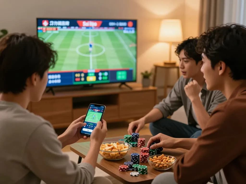 Savvy bettors analyzing soi kèo stats on a smartphone during a sports betting gathering.