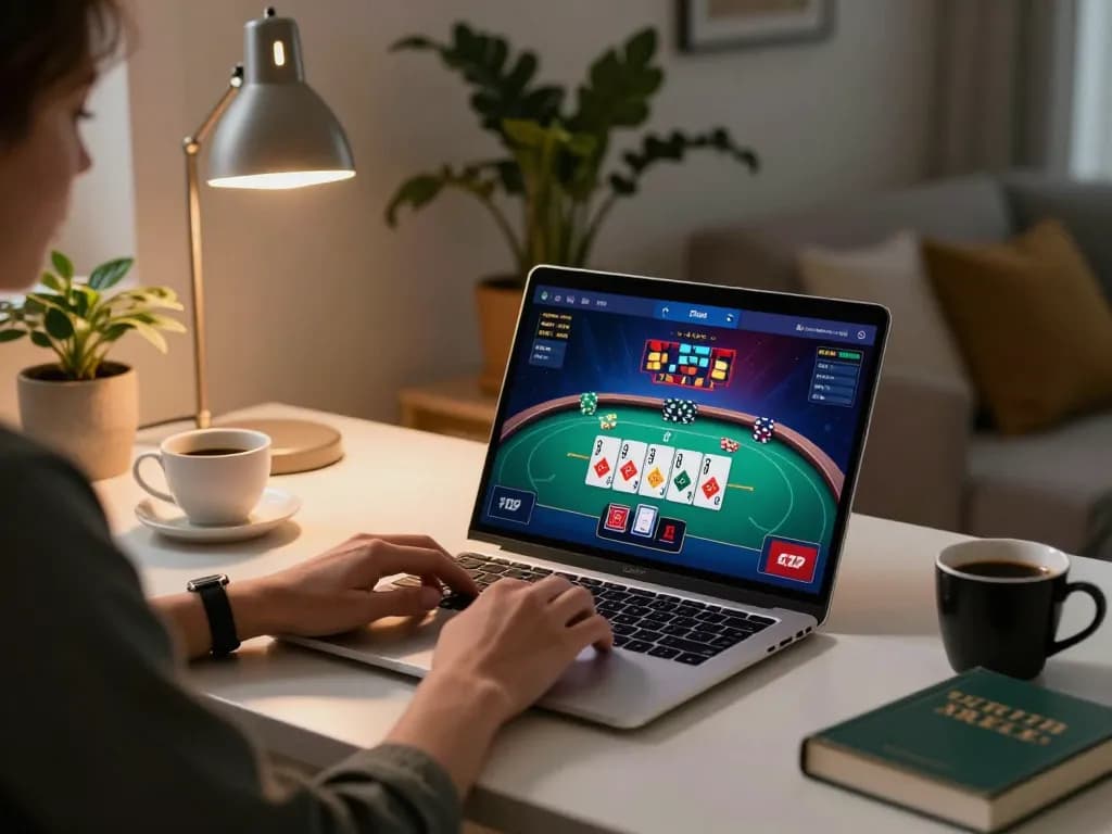 Engaged player enjoying online poker on 100VIP platform in a cozy home setup.