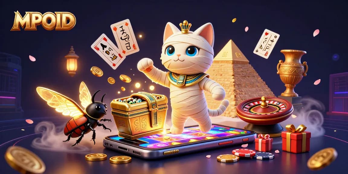 MPOID offers thrilling gambling action with a mummy cat in a pyramid casino, showcasing vibrant and engaging gaming elements.