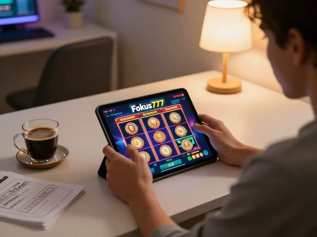 Playing slots on Fokus777 using a tablet in a cozy home office setting during an exciting gaming session