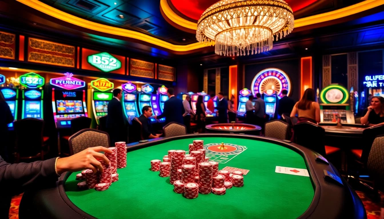 Engaged players at the B52 Club poker table with vibrant chips and cards in a luxurious casino.