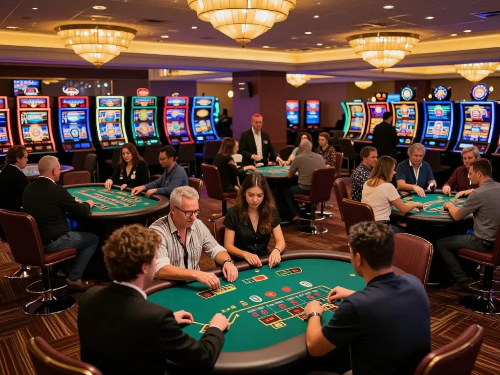 Experience the excitement of lc888 blackjack action at upscale casino tables with vibrant players and illuminated machines