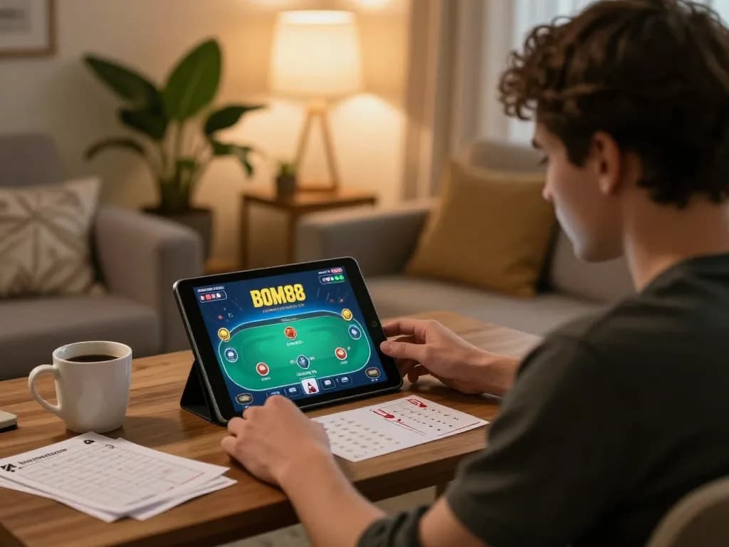 BOM88 player strategizing during online poker session with tablet at home
