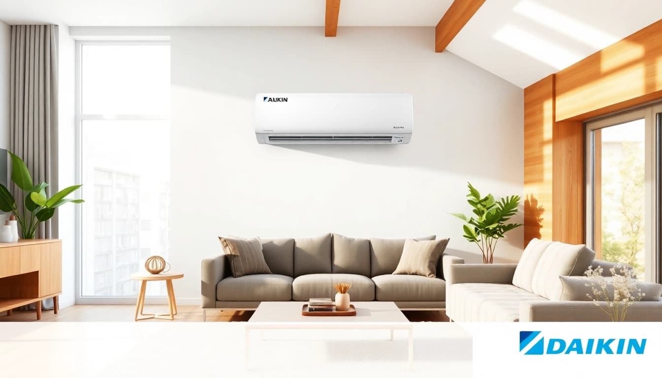 Installing a Daikin mini split AC in a contemporary living room with stylish decor.