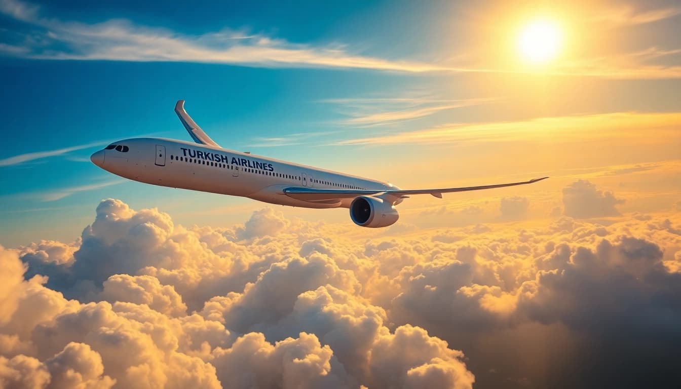 tk88 Turkish Airlines flight in the sky with a sunset backdrop, emphasizing travel.