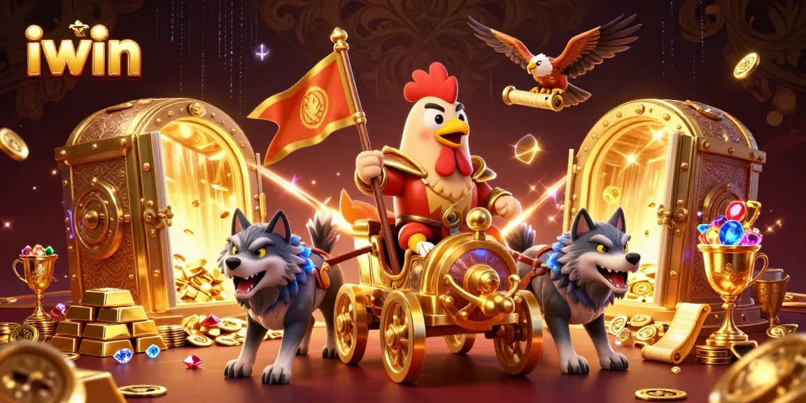 Play iwin at a vibrant casino scene featuring a rooster warlord, wolves, and treasure