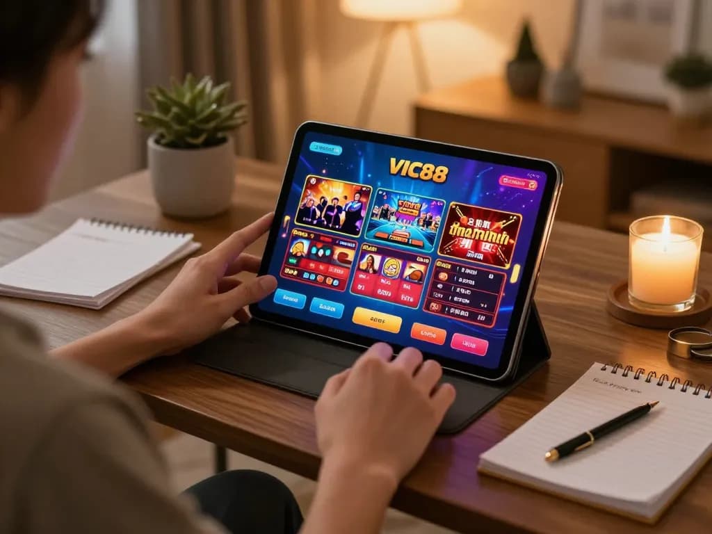 Engaging scene of a player enjoying VIC88 đổi thưởng on a tablet with gaming notes around.