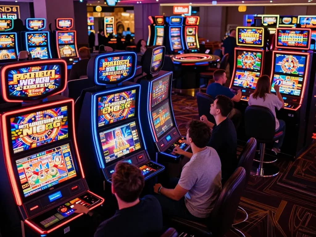 A player enjoying vibrant slot machines at luck8 net casino, with colorful displays and cheerful atmosphere, capturing the excitement of casino gaming.