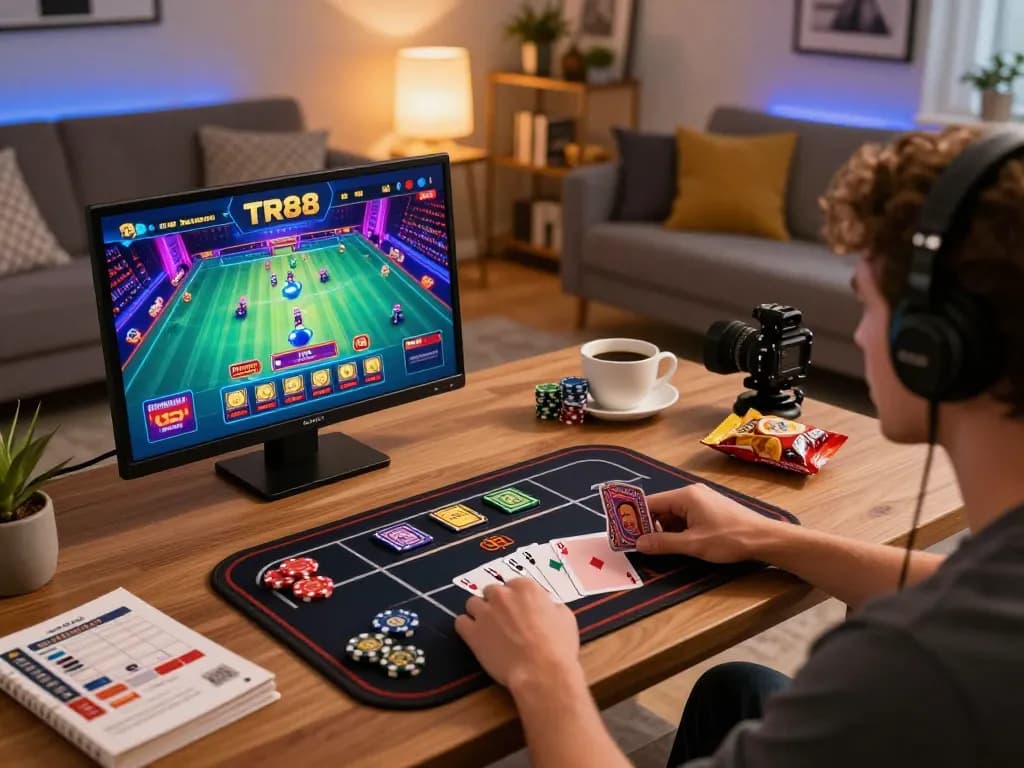 Person enjoying TR88 online gaming setup with live dealer action on tablet in cozy living room.
