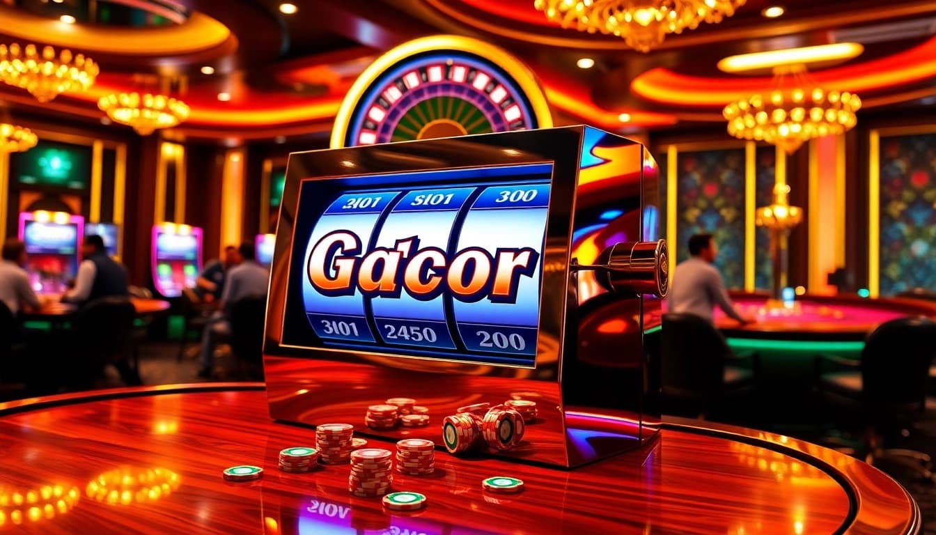 Experience the excitement of slot gacor with a luxurious casino scene featuring vibrant slot machines and engaging players.