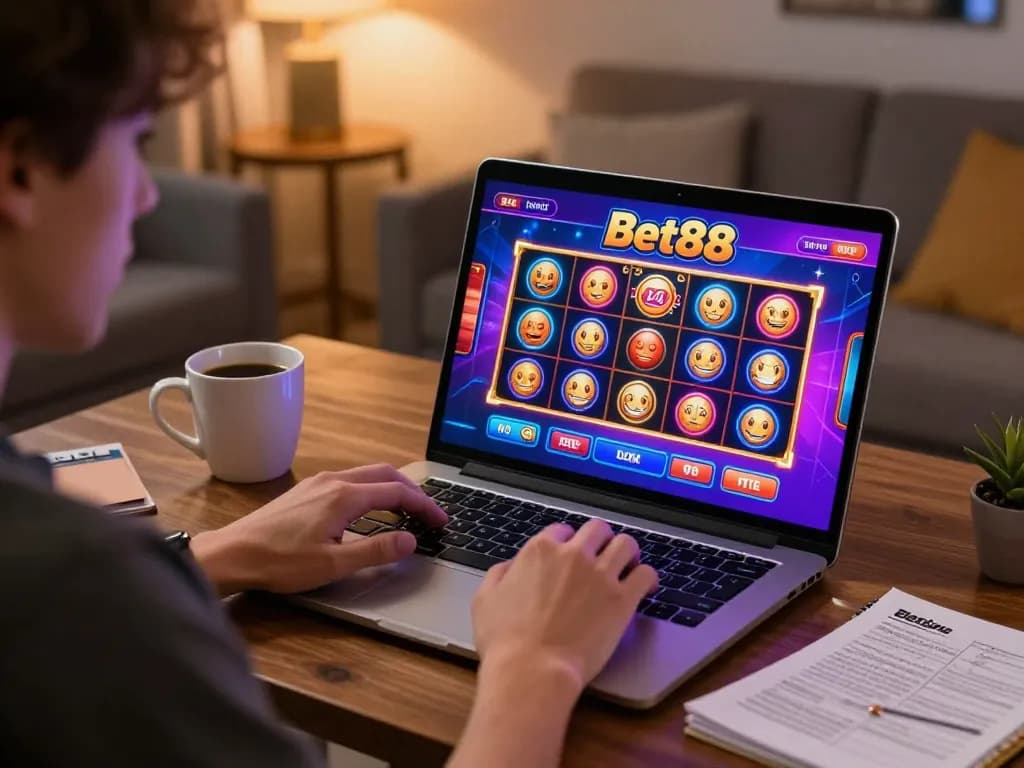 Player enjoying Bet88 online casino games at home with vibrant setup.