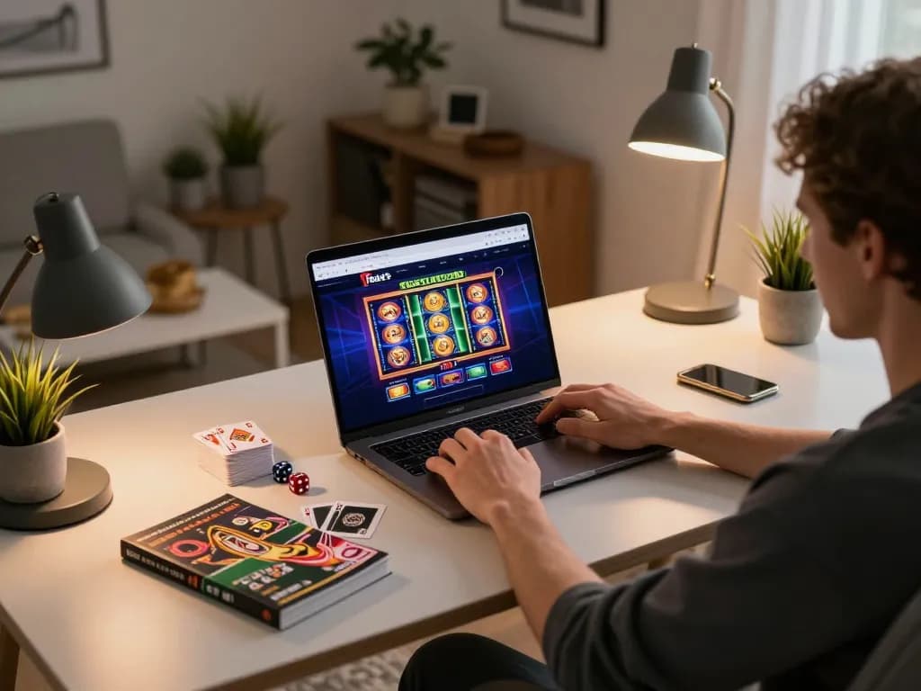 Engaging in strategic gameplay on fabet's online casino platform from a cozy home setup.