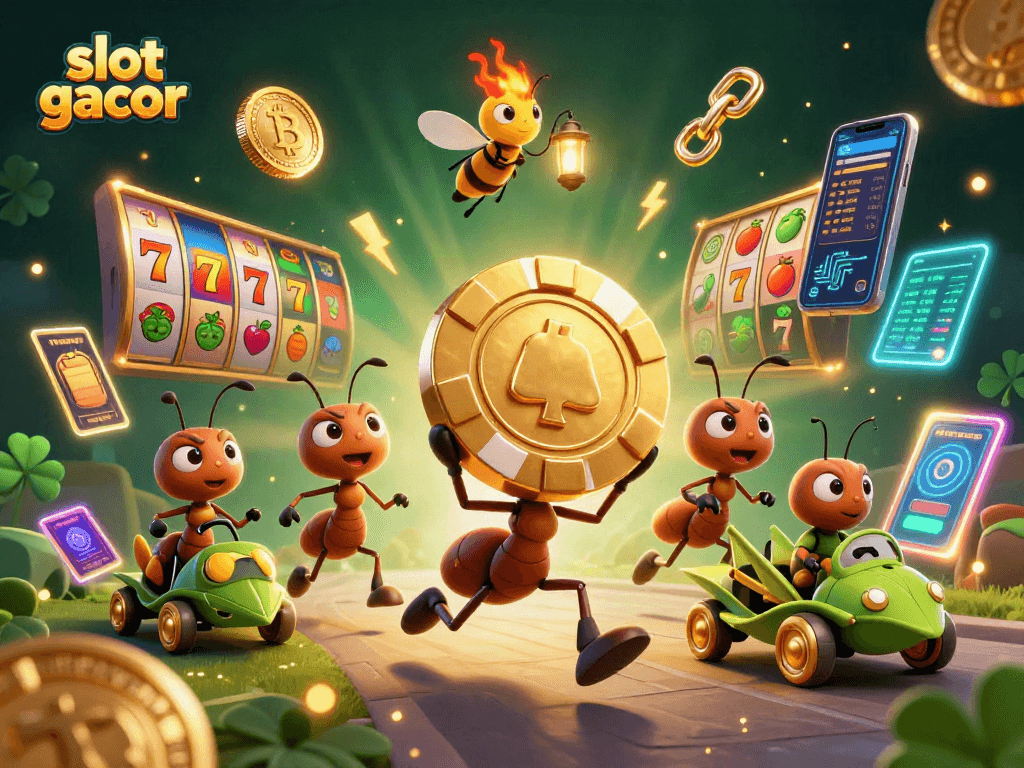 Engage with slot gacor through a vibrant heist scene featuring ants, crypto coins, and dynamic slot reels.