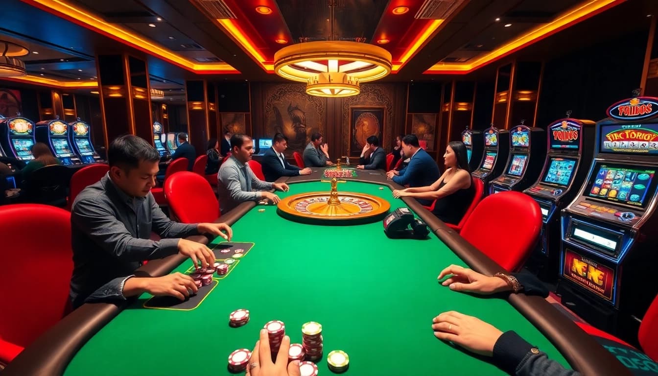 Players enjoying a vibrant gaming experience at NK88 casino with poker, roulette, and excitement.