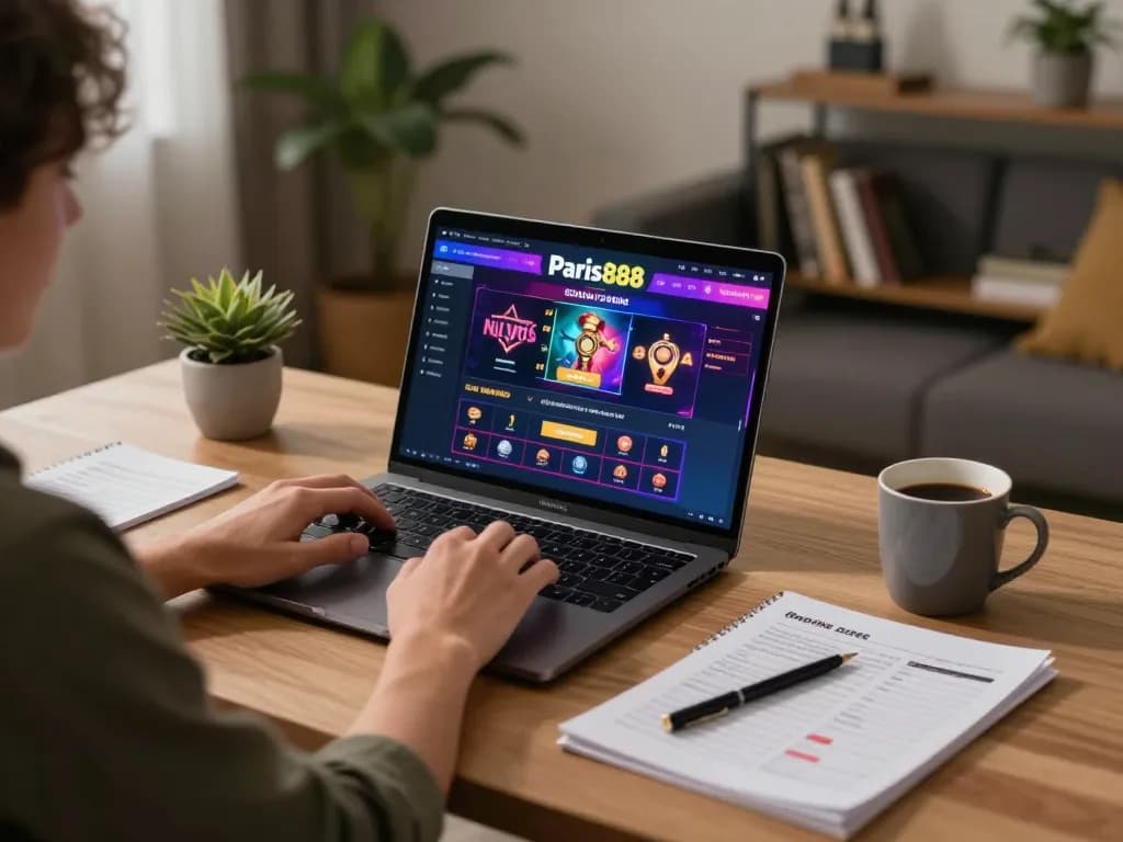 Player engaging with the paris888 online casino platform at home, emphasizing interactive gameplay.