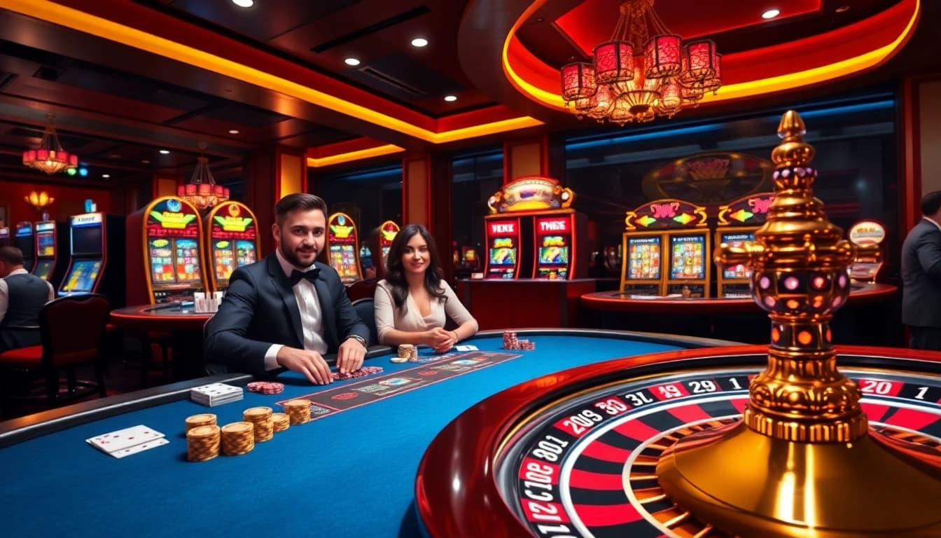 Players enjoying poker and slot games at 789club's luxurious casino environment.