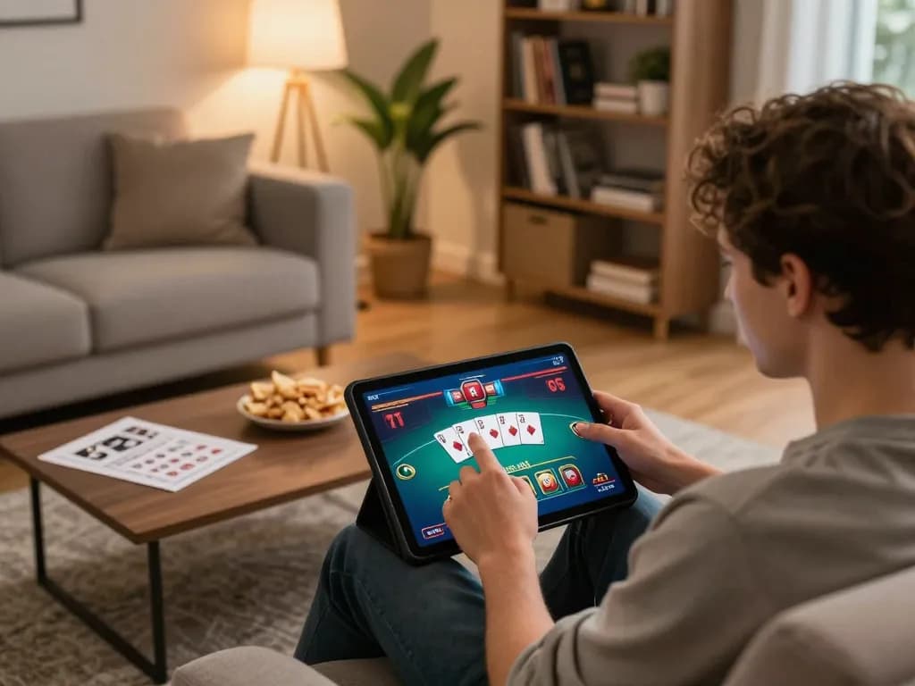 Player enjoying an online poker game on a tablet at home, showcasing xo88's gaming options in a cozy atmosphere.