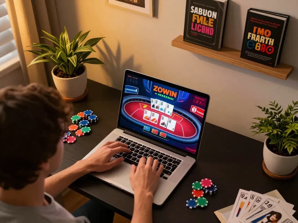 ZOWIN player engaged in online casino poker with vibrant interface, cozy home setup.