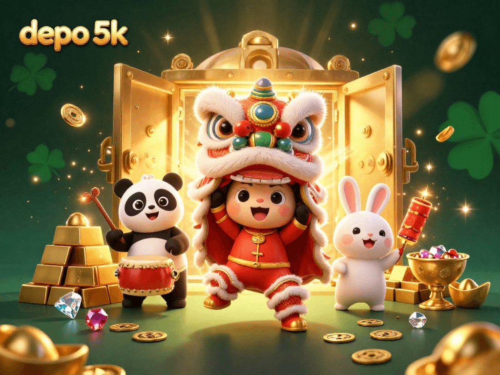 Spin to win with depo 5k at the exciting online casino, featuring vibrant characters and golden treasures!