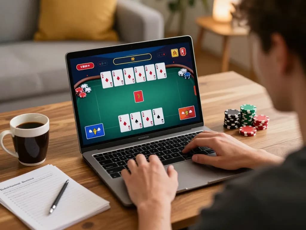 Player engaging in an online poker game at home with mb66 app, focusing on strategy and bankroll management.
