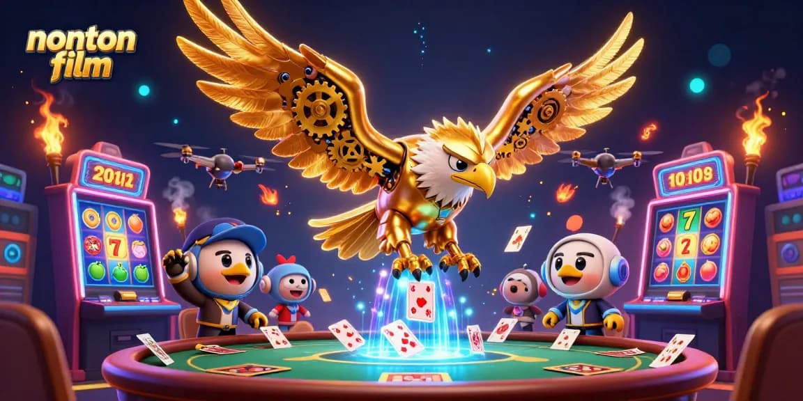Nonton film with an energetic golden eagle character amidst colorful slot machines and casino elements.