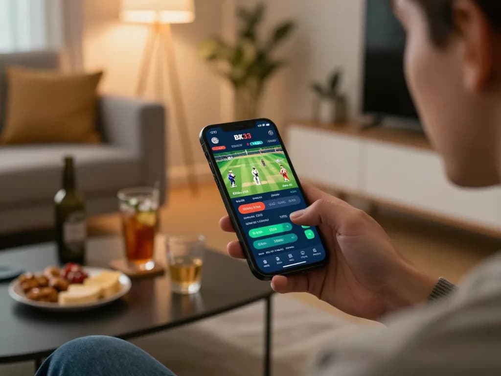 Betting on cricket games using BK33 app on smartphone in a cozy home setting.