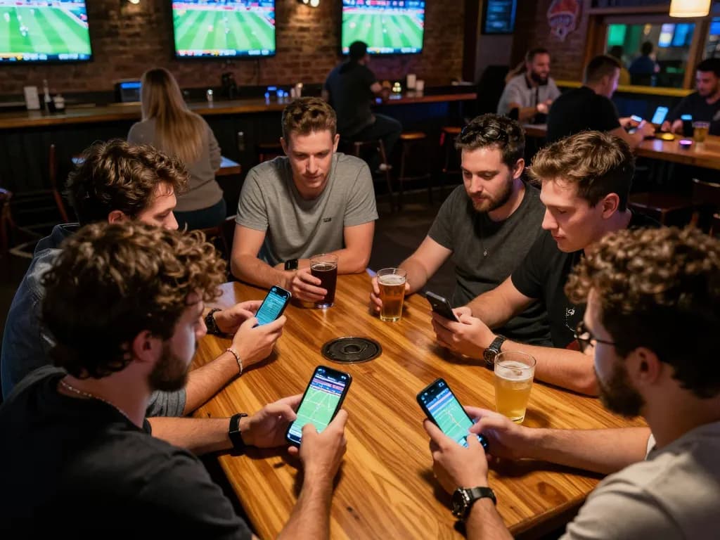 Friends engage in sports betting at VVVWIN, smartphones displaying odds and games, lively atmosphere