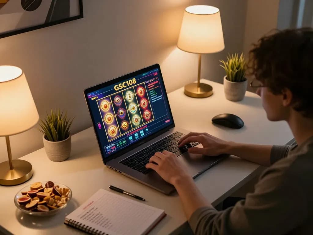 Pengaturan menarik pengguna yang bermain slot Gsc108 secara online, menampilkan pengalaman bermain modern dengan suasana yang nyaman