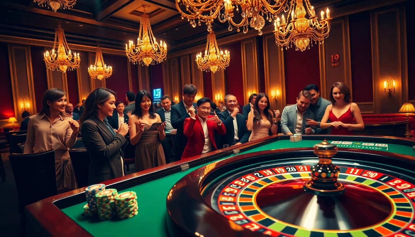 Players enjoying the excitement of gambling at i9bet casino tables with poker chips and dice.