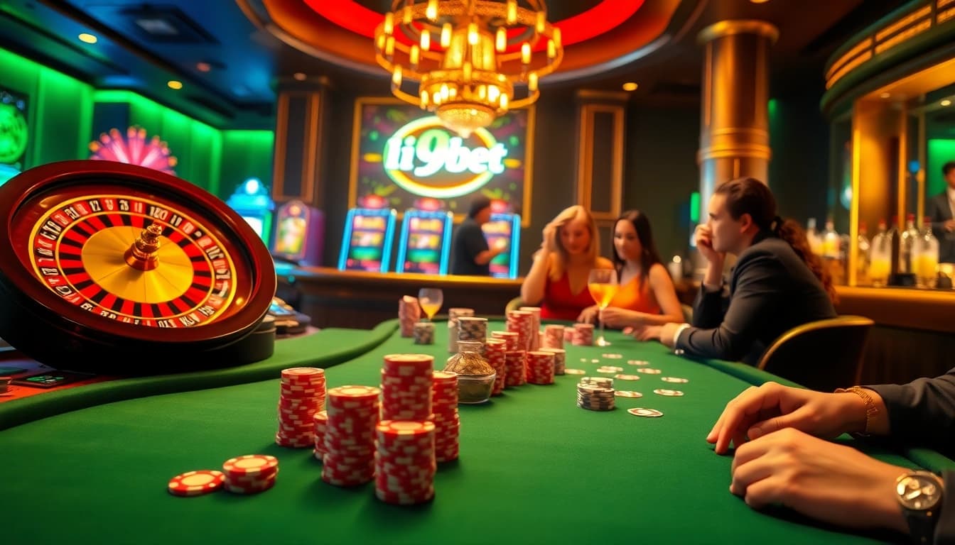 Experience the excitement of i9bet with vibrant casino visuals featuring poker chips, roulette, and lively players.